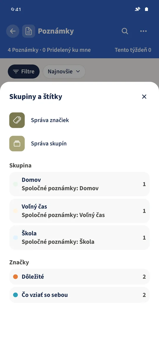 Skupiny a štítky zobrazuje Škola, Domov a Voľný čas s existujúcimi štítkami.