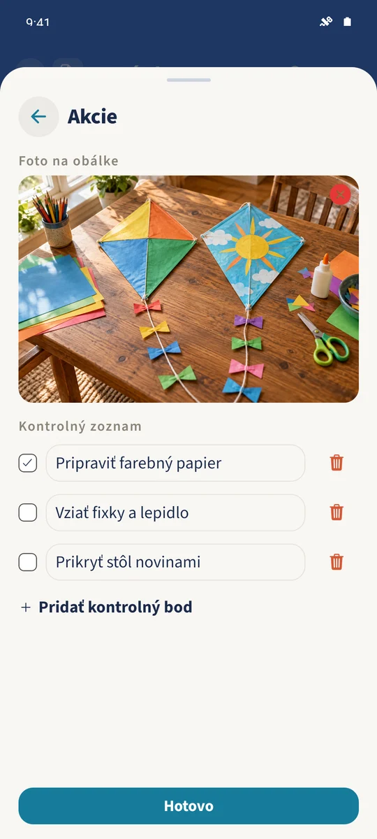Dodatočná ponuka zobrazuje vybraný tvorivý obrázok a kontrolný zoznam s jedným dokončeným krokom prípravy.