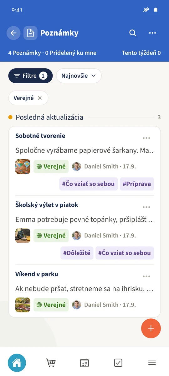 Zobrazenie Verejné ukazuje tri spoločné poznámky: Školský výlet v piatok, Sobotné tvorenie a Víkend v parku.