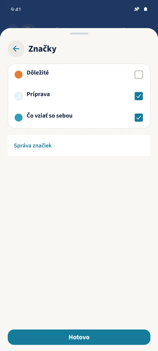 Editor poznámky má vybrané Čo vziať so sebou a novovytvorený štítok Príprava.
