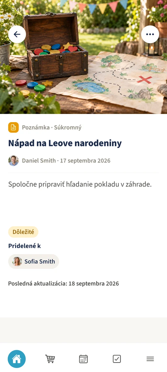 Súkromná narodeninová poznámka zobrazuje text, fotografiu a Sofiu ako priradenú osobu.