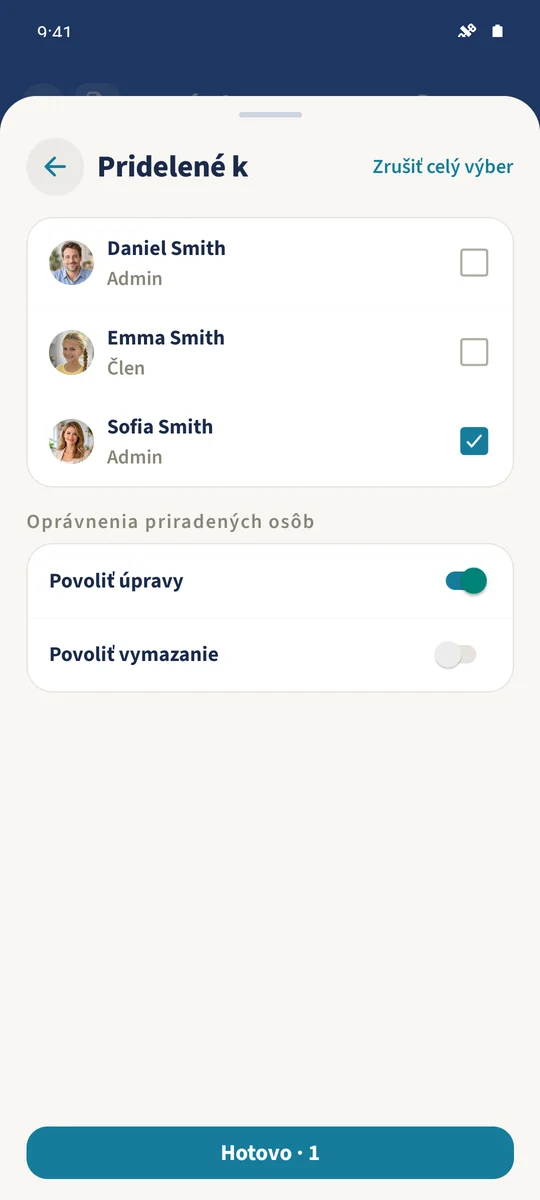 Sofia je vybraná v Pridelené k s povolenými úpravami a vypnutým vymazaním.