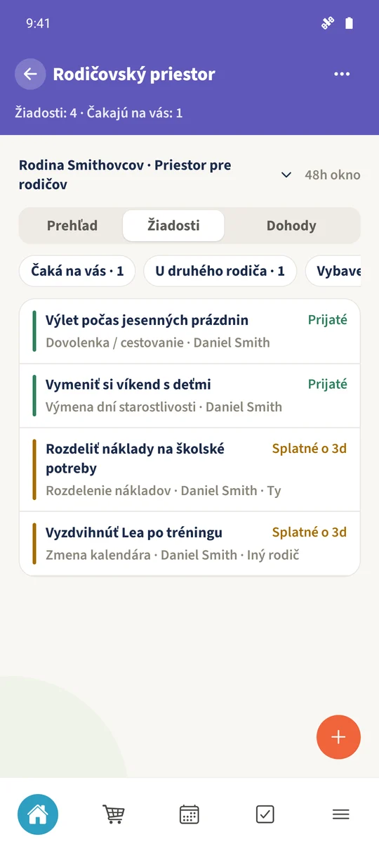 Prehľad žiadostí zobrazuje aktuálne koordinačné položky rodiny.