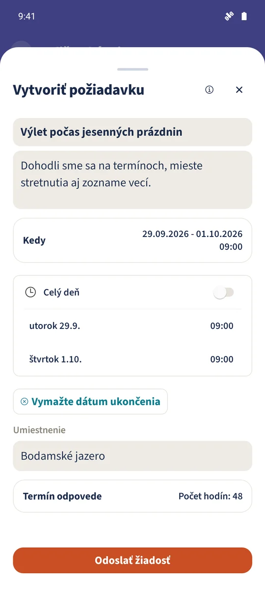 Neodoslaná cestovná žiadosť obsahuje údaje výletu pre Emmu a Lea.
