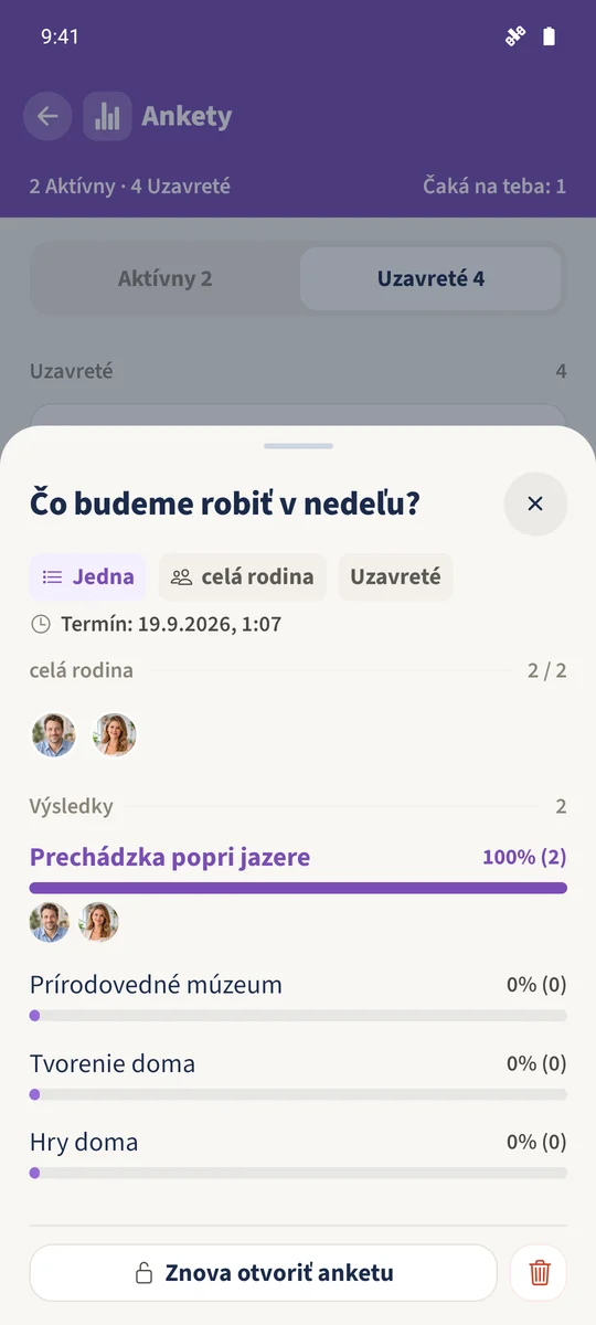 Zatvorená nedeľná anketa zachováva oba hlasy a ponúka Znova otvoriť anketu.