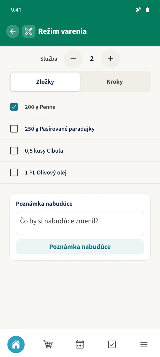Režim varenia zobrazuje dve porcie, 200 g penne a odškrtnutú ingredienciu penne.