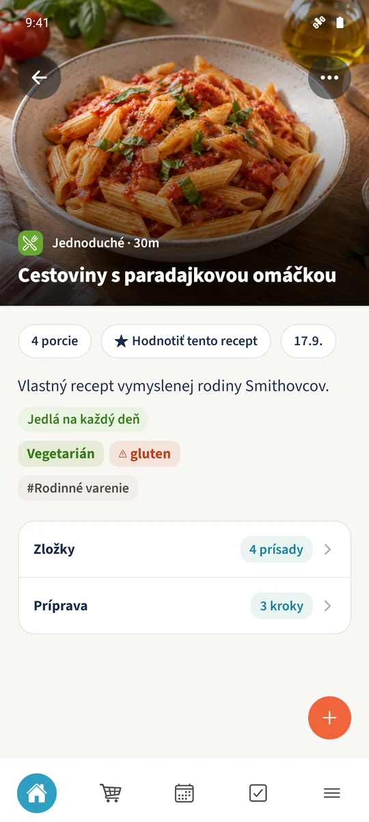 Podrobnosti receptu zobrazujú porcie, kategóriu a uložené stravovacie údaje s možnosťou rozbaliť ingrediencie a prípravu.