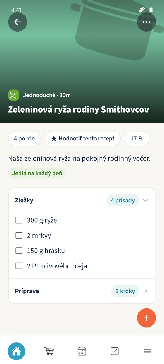 Uložený recept Zeleninová ryža rodiny Smithovcov zobrazuje pod Zložky ryžu, mrkvu, hrášok a olivový olej.