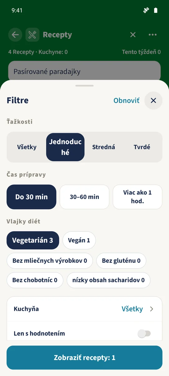 Vyhľadávanie paradajky je skombinované s Jednoduché, Do 30 min a «Vegetarián», takže zostáva jeden recept.