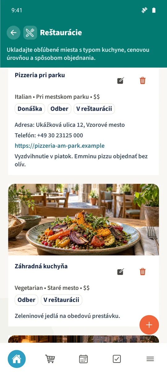 Spoločný zoznam zobrazuje fiktívne podniky Pizzeria pri parku a Záhradná kuchyňa s kuchyňou, lokalitou, cenovým rozpätím a možnosťami služieb.