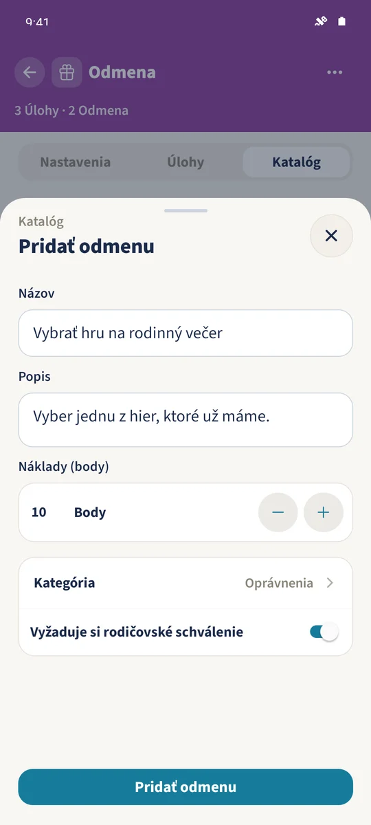 Formulár katalógu ponúka výber hry za desať bodov s požadovaným rodičovským schválením.
