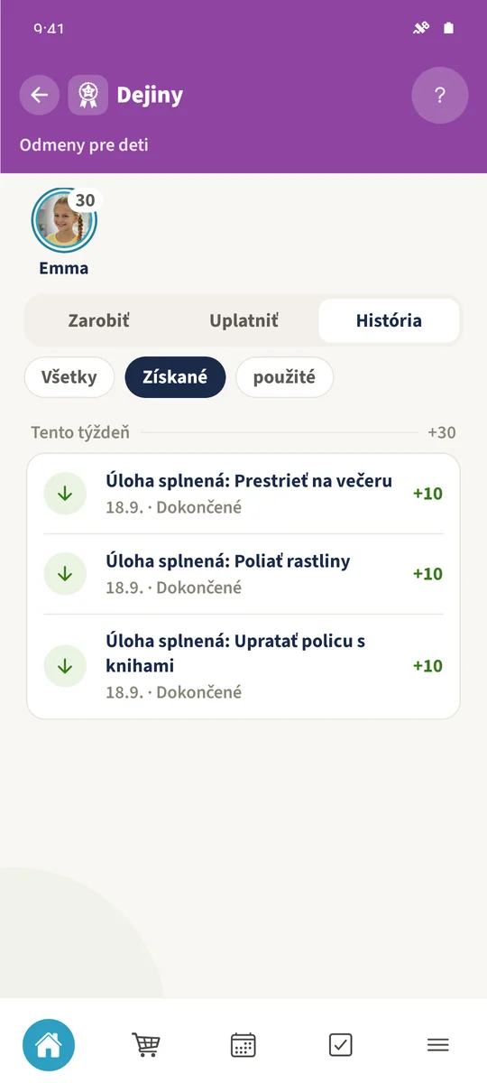 História rozlišuje pripísané získané body, uplatnenie filmovej odmeny a neskoršie pripísanie za upratovanie.
