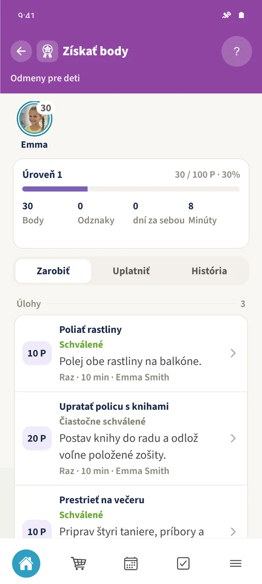 Emmin prehľad zobrazuje po zaznamenaných pripísaniach a uplatnení odmeny 25 dostupných bodov a osem minút.