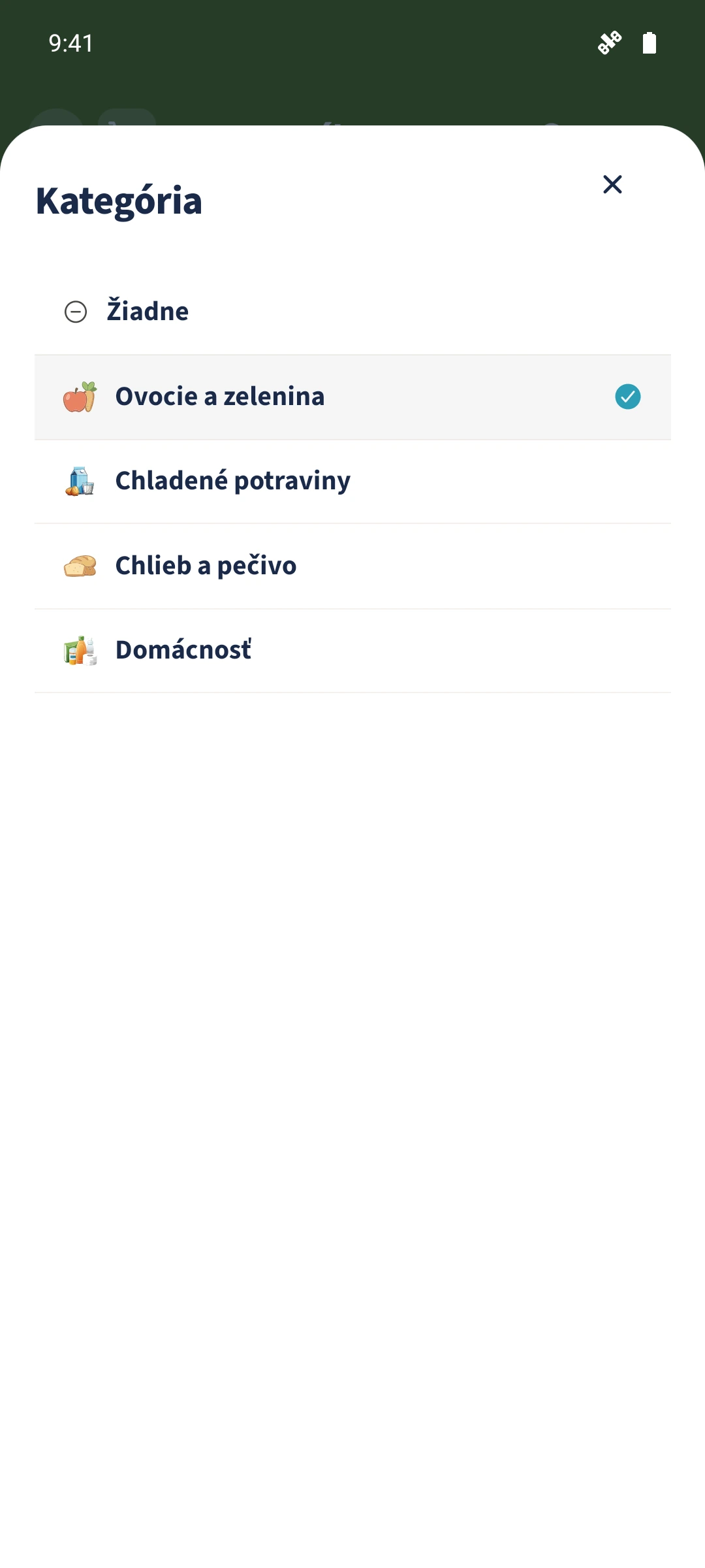 Vo výbere kategórie je zvolené Ovocie a zelenina.