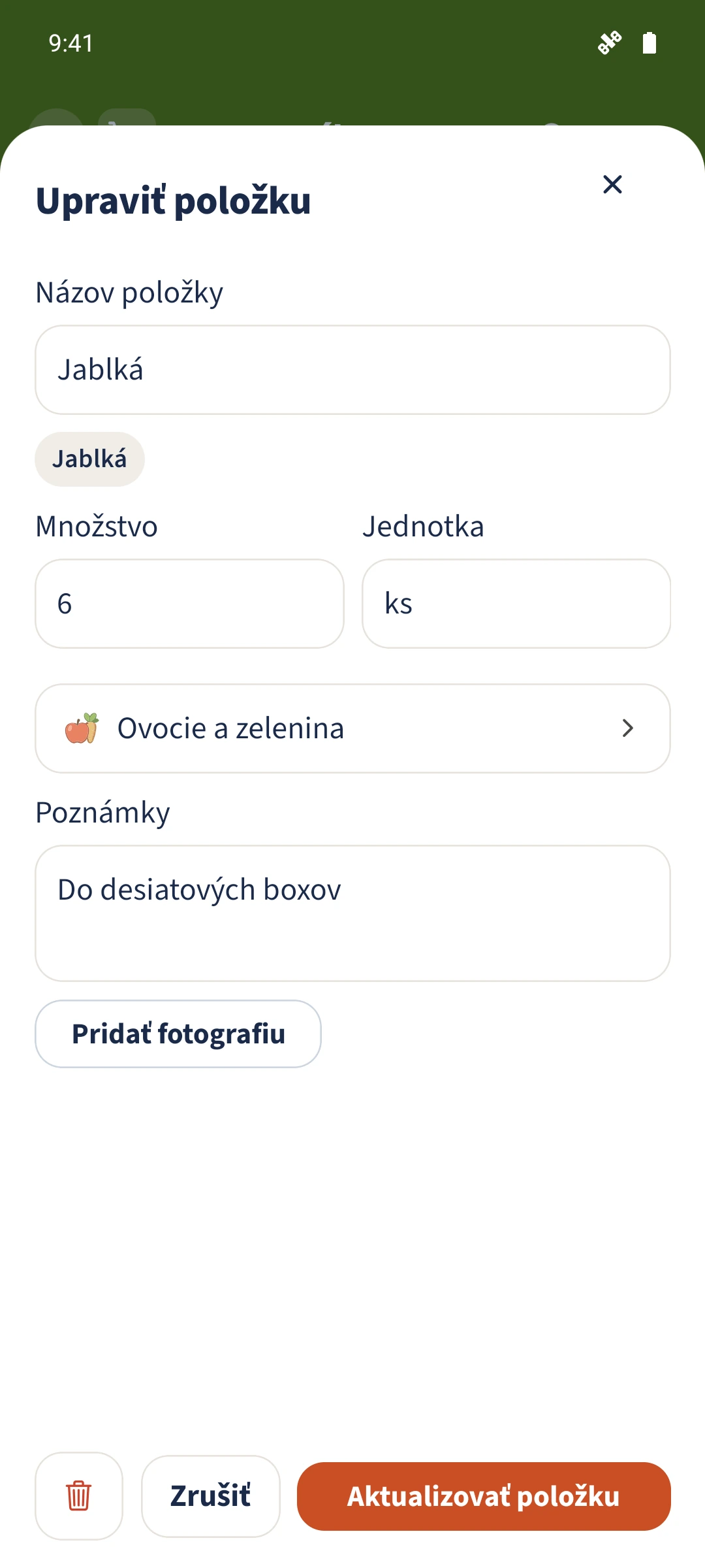 Editor položky zobrazuje kategóriu spolu s množstvom, jednotkou a poznámkami.