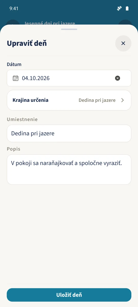 Upraviť deň znovu otvára existujúci deň odchodu 4. októbra s lokalitou a opisom.