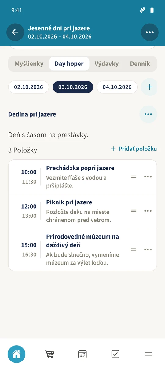 Uložený plán na 3. októbra zobrazuje prechádzku, piknik a prírodovedné múzeum vo vybranom poradí.
