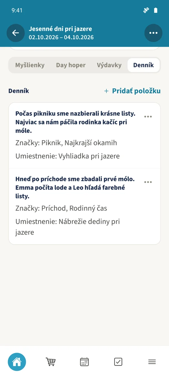 Spoločný denník zobrazuje dve uložené spomienky s miestami a štítkami.