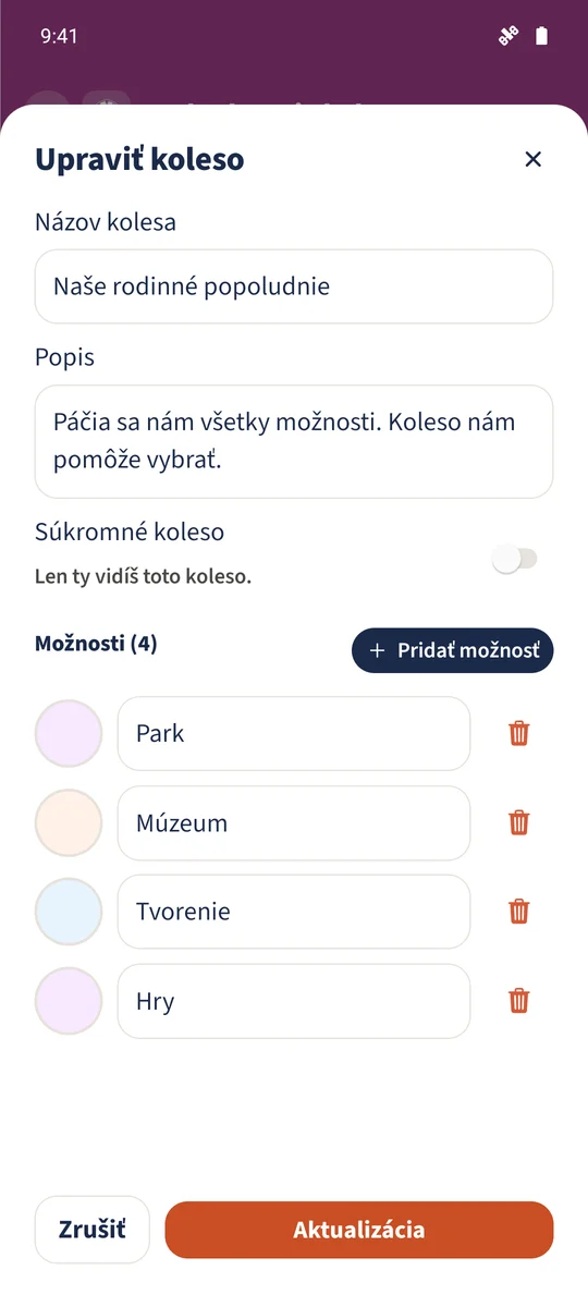 Formulár obsahuje štyri aktivity a jednotlivé farby s vypnutou voľbou Súkromné koleso.