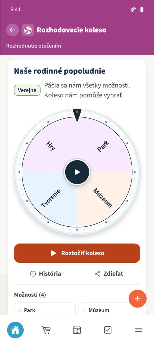 Uložené rodinné koleso má štyri možnosti a je pripravené na roztočenie.