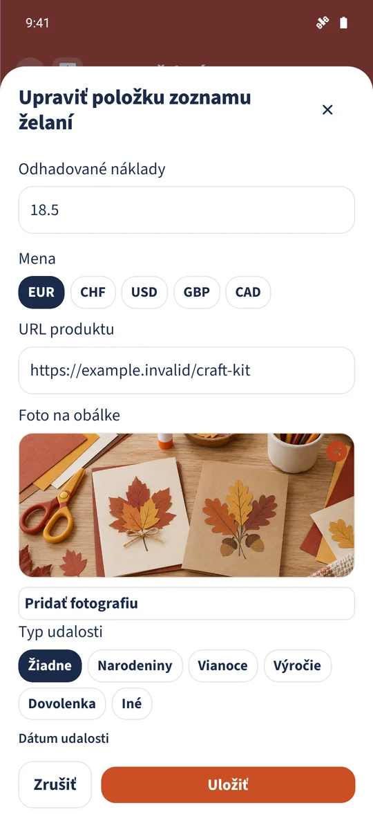 Formulár obsahuje 18,50 EUR, ukážkový odkaz na produkt a vybraný tvorivý obrázok.