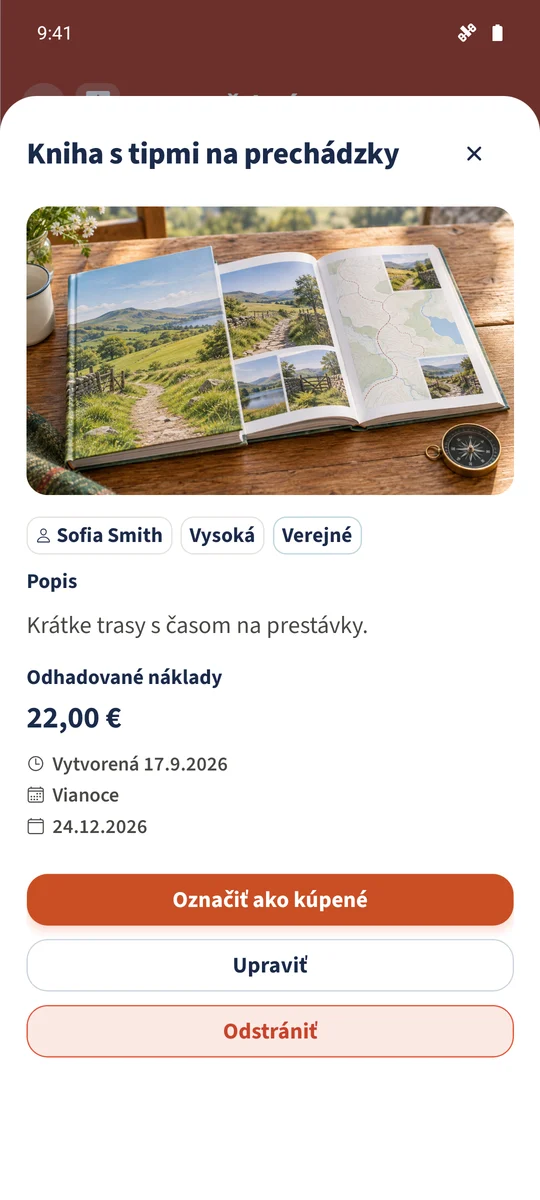 Daniel otvára Sofiino aktívne želanie knihy s dostupnou akciou Označiť ako kúpené.