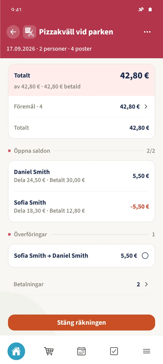 Recension visar 42,80 € betalt i notans valuta tillsammans med återstående återbetalning mellan personer.