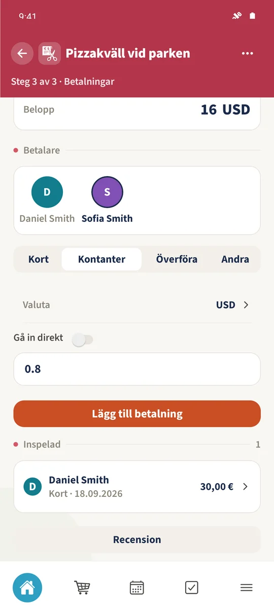 Betalningsformuläret visar 16 USD från Sofia, Kontanter och en manuellt angiven demonstrationskurs på 0,8.