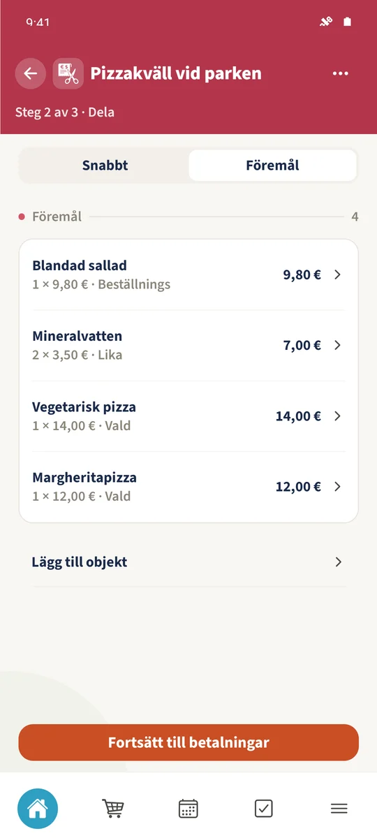 Notan innehåller två individuellt tilldelade pizzor, med Mineralvatten och Blandad sallad delade mellan deltagarna.