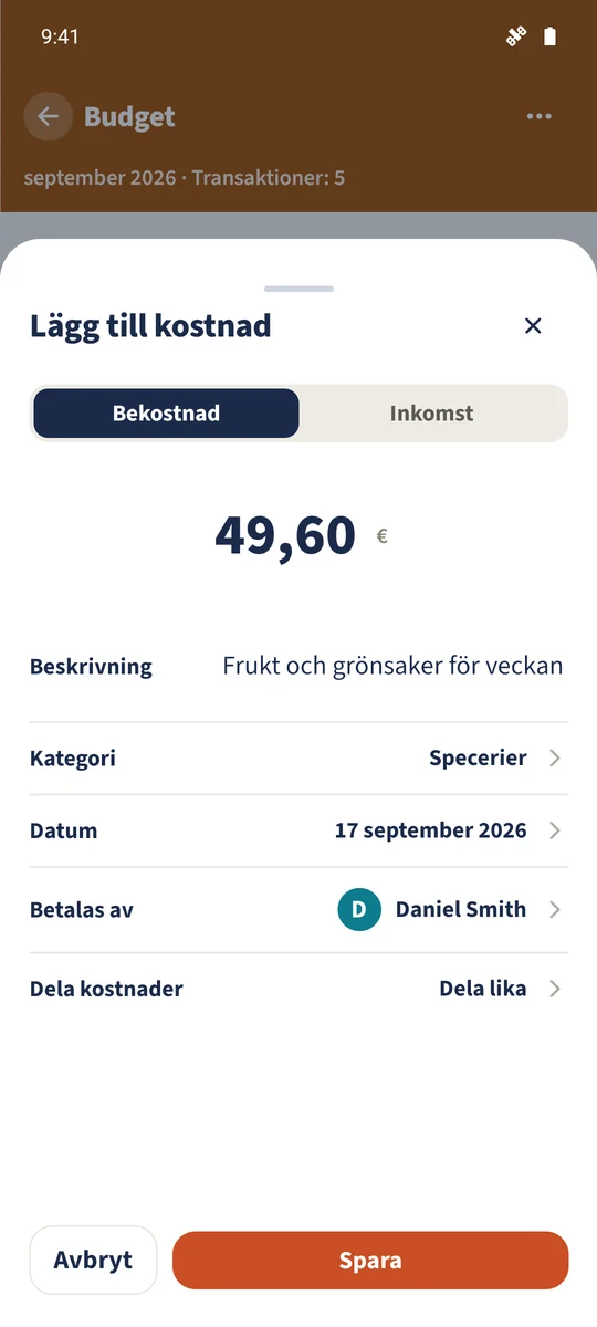 Redigera transaktion visar den befintliga utgiften på 49,60 € med datum, betalare, kategori och kostnadsdelning.