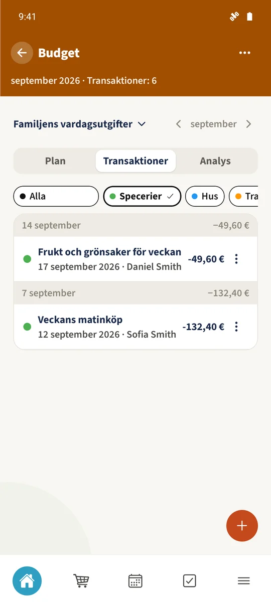 Filtret Specerier visar Veckans matinköp och Veckans frukt och grönsaker, totalt 182 €.