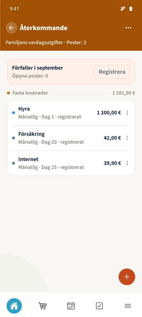 Efter genereringen visas Hyra, Försäkring och Internet som registrerade för oktober 2026.