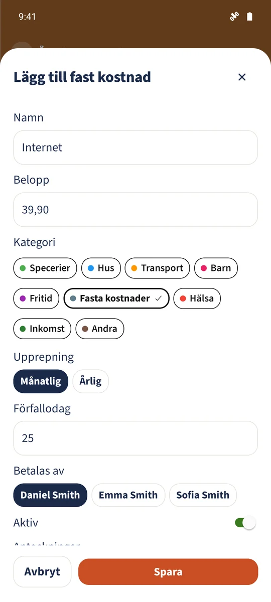 Den befintliga posten Internet är inställd på 39,90 € i Fasta kostnader, återkommande månadsvis den 25:e.