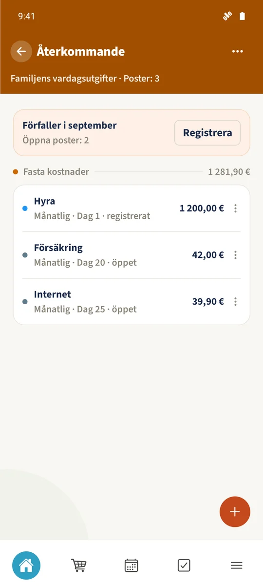 Efter att Internet sparats visar listan fortfarande tre återstående återkommande poster för oktober 2026.