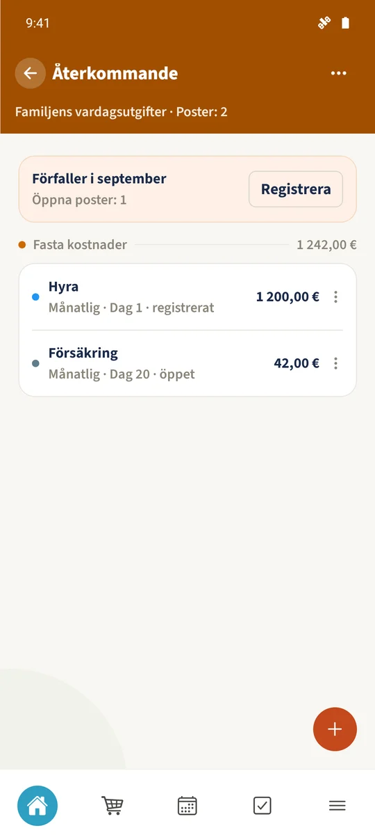 Återkommande för oktober 2026 visar de befintliga posterna Hyra, Försäkring och Internet, alla fortfarande öppna.
