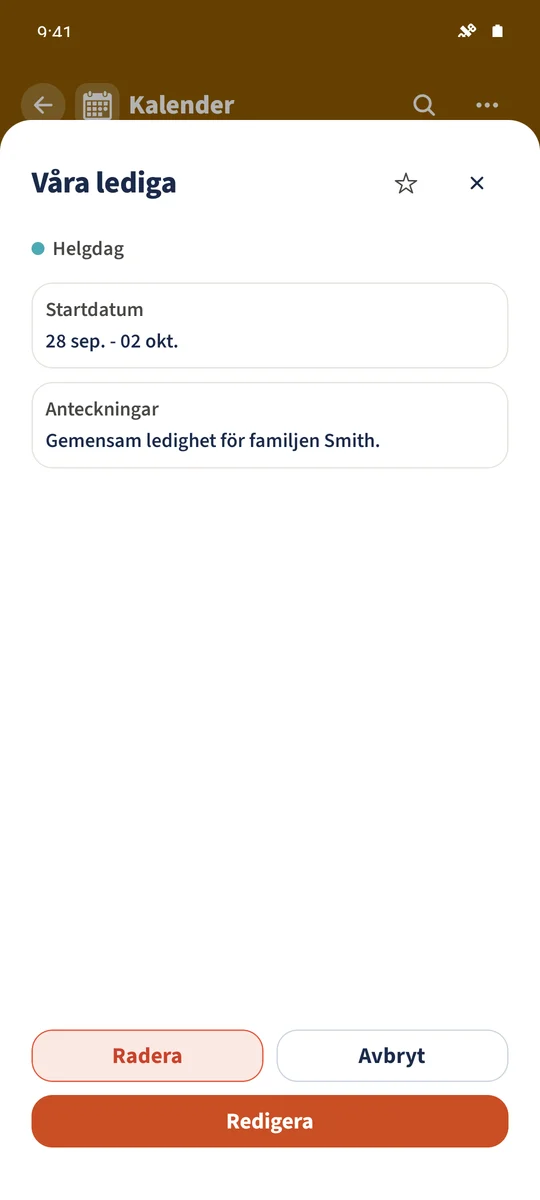 Våra lediga dagar omfattar 28 september till 2 oktober 2026 med en gemensam familjeanteckning.