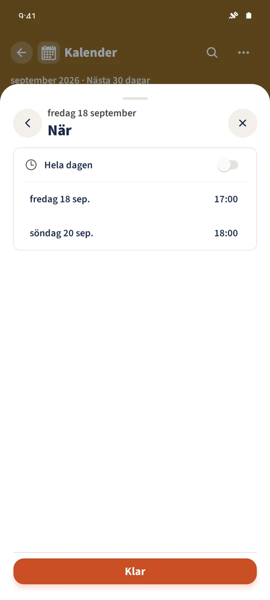 Vistelsen har separata start- och slutdatum och tider.