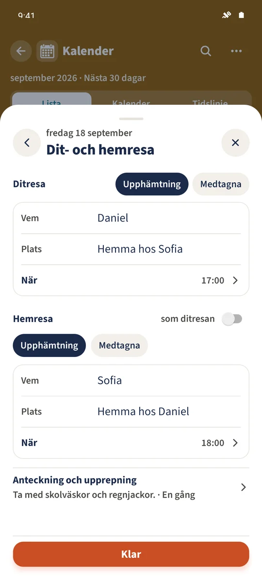 Daniel hämtar barnen hemma hos Sofia; Sofia sköter hemresan.