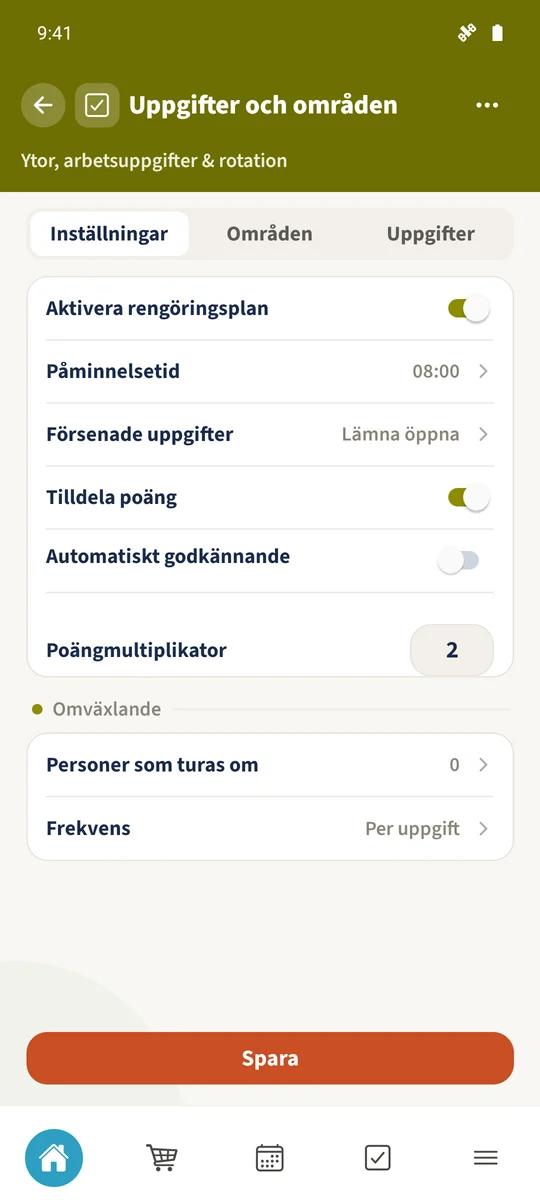Poängkopplingen är aktiverad, Automatiskt godkännande avstängt och Poängmultiplikator två.
