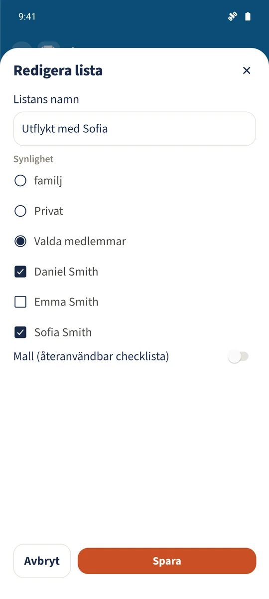 Listredigeraren har Daniel och Sofia valda, medan Emma är omarkerad.