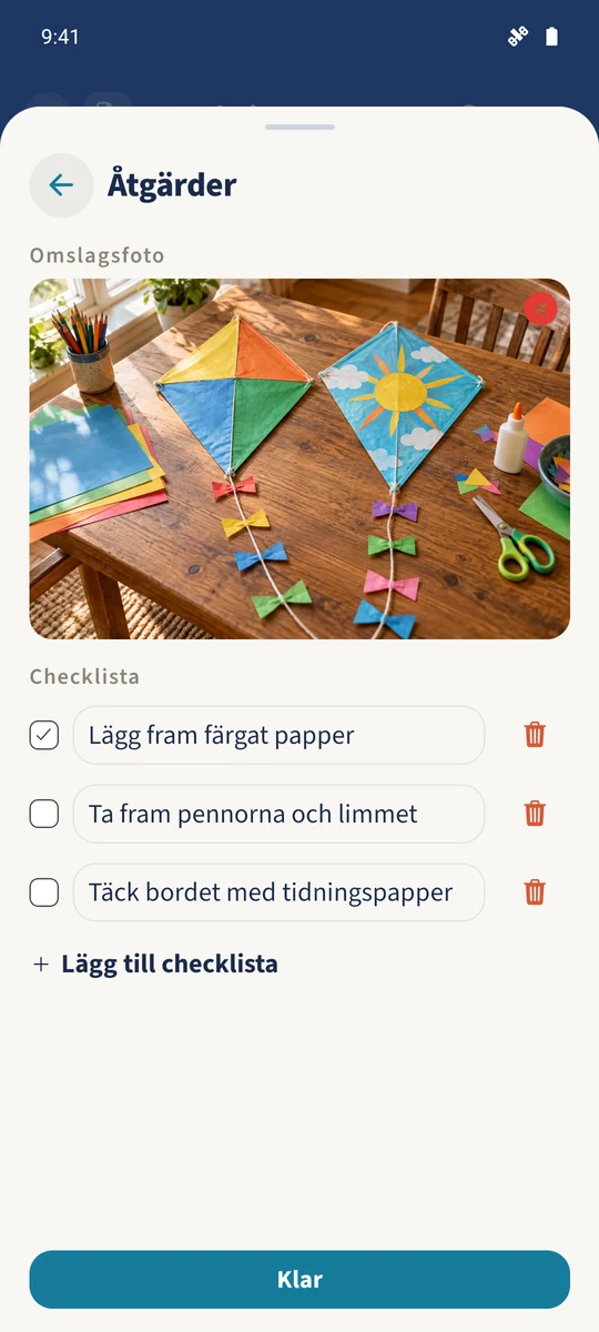 Extramenyn visar vald pysselbild och en checklista med ett slutfört förberedelsesteg.