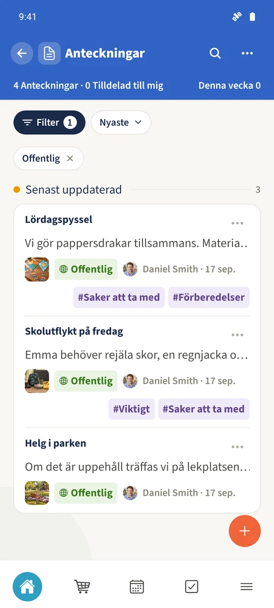 Vyn Offentlig visar tre gemensamma anteckningar: Skolutflykt på fredag, Lördagspyssel och Helg i parken.
