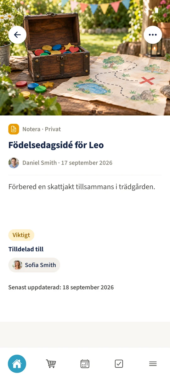 Den privata födelsedagsanteckningen visar text, foto och Sofia som tilldelad person.