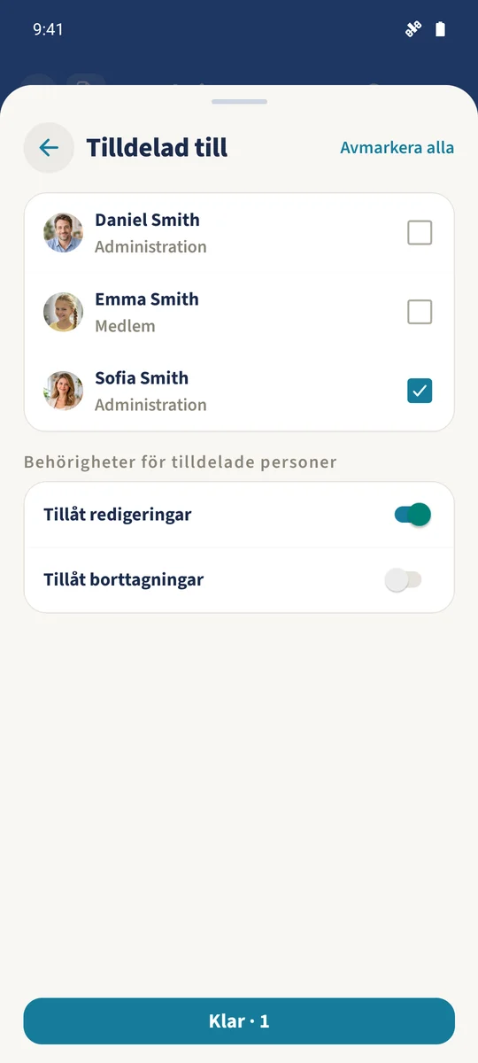 Sofia är vald i Tilldelad till, med redigeringar tillåtna och borttagningar avstängda.
