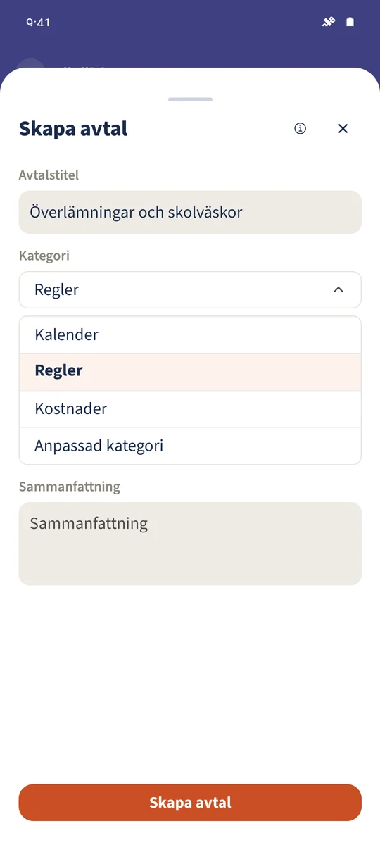 Avtalets kategoriväljare erbjuder Kalender och övriga tillgängliga kategorier.