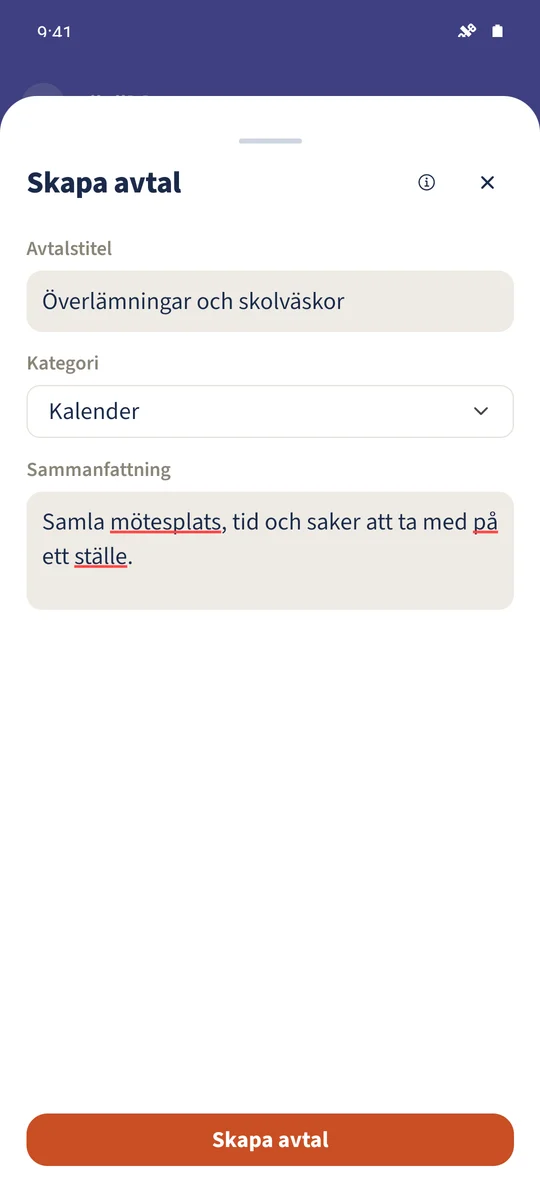 Det osparade avtalet innehåller titel, kategori och tydlig sammanfattning.