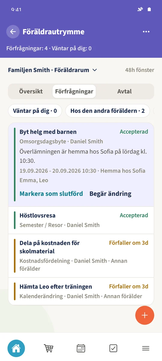 Ett accepterat omsorgsbyte visar datum, tid, mötesplats och berörda barn.