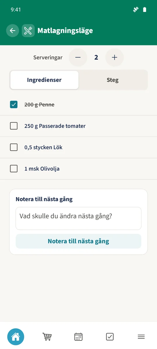 Matlagningsläge visar två portioner, 200 g penne och penneingrediensen avbockad.