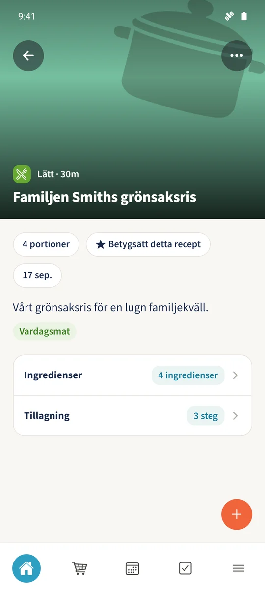 Det återöppnade receptet innehåller den sparade familjebeskrivningen, svårighetsgraden Lätt och kategorin Vardagsmat.