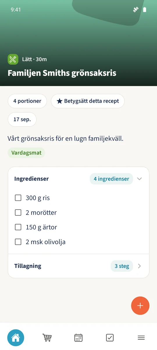 Det sparade receptet Familjen Smiths grönsaksris visar ris, morötter, ärter och olivolja under Ingredienser.